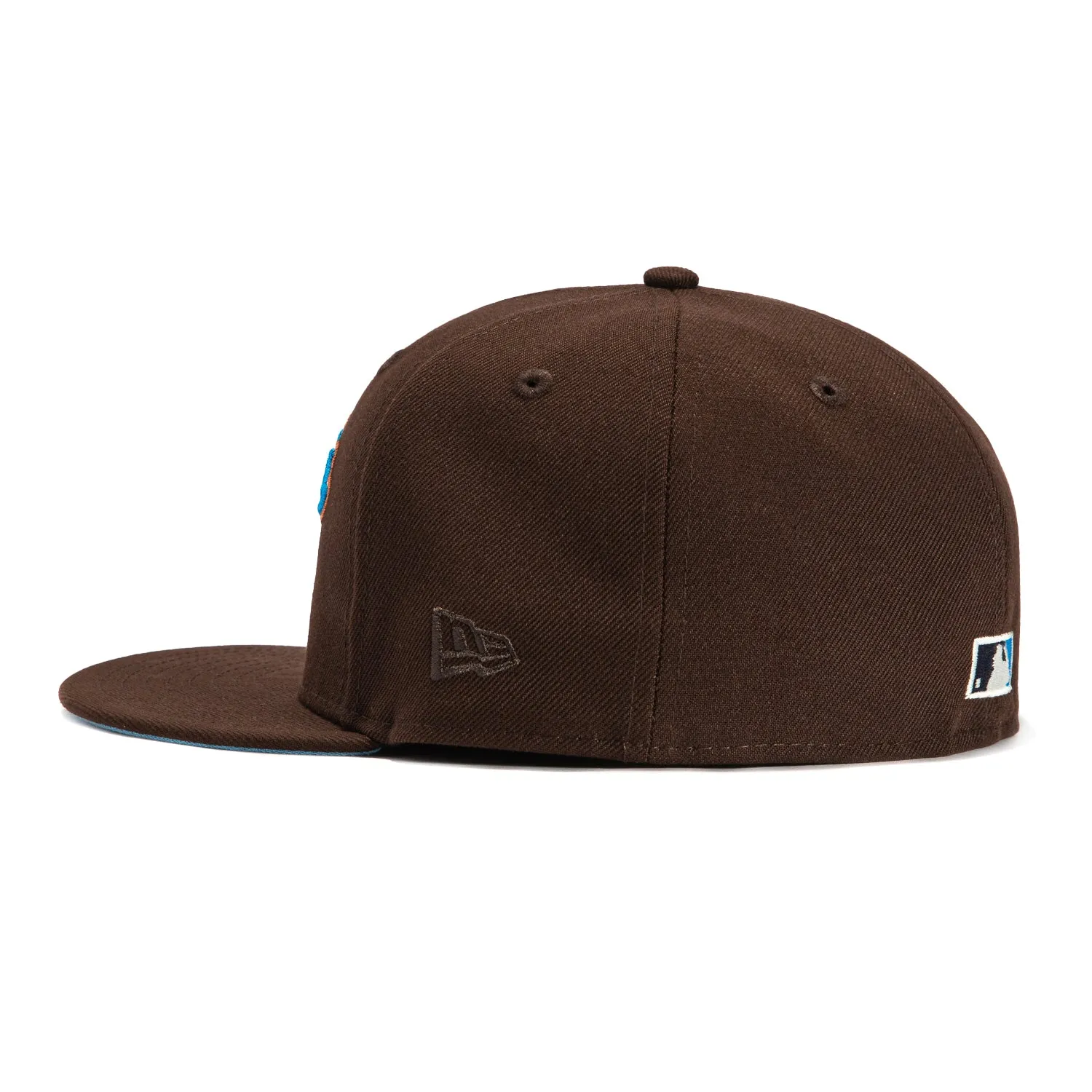 New Era 59Fifty Los Angeles Dodgers 1988 World Series Patch Script Hat - Brown. Neon Blue. Metallic Copper