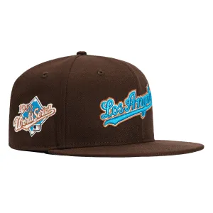 New Era 59Fifty Los Angeles Dodgers 1988 World Series Patch Script Hat - Brown. Neon Blue. Metallic Copper