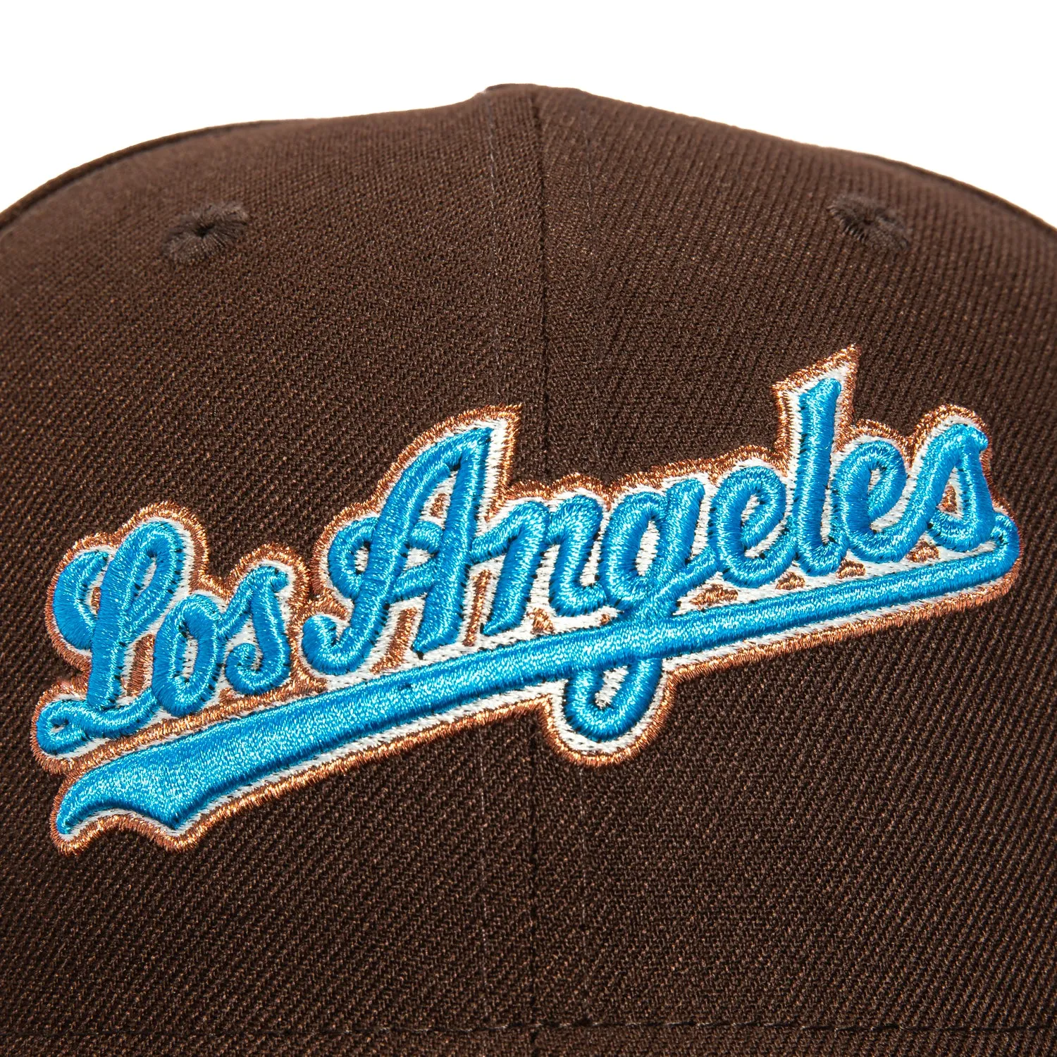 New Era 59Fifty Los Angeles Dodgers 1988 World Series Patch Script Hat - Brown. Neon Blue. Metallic Copper