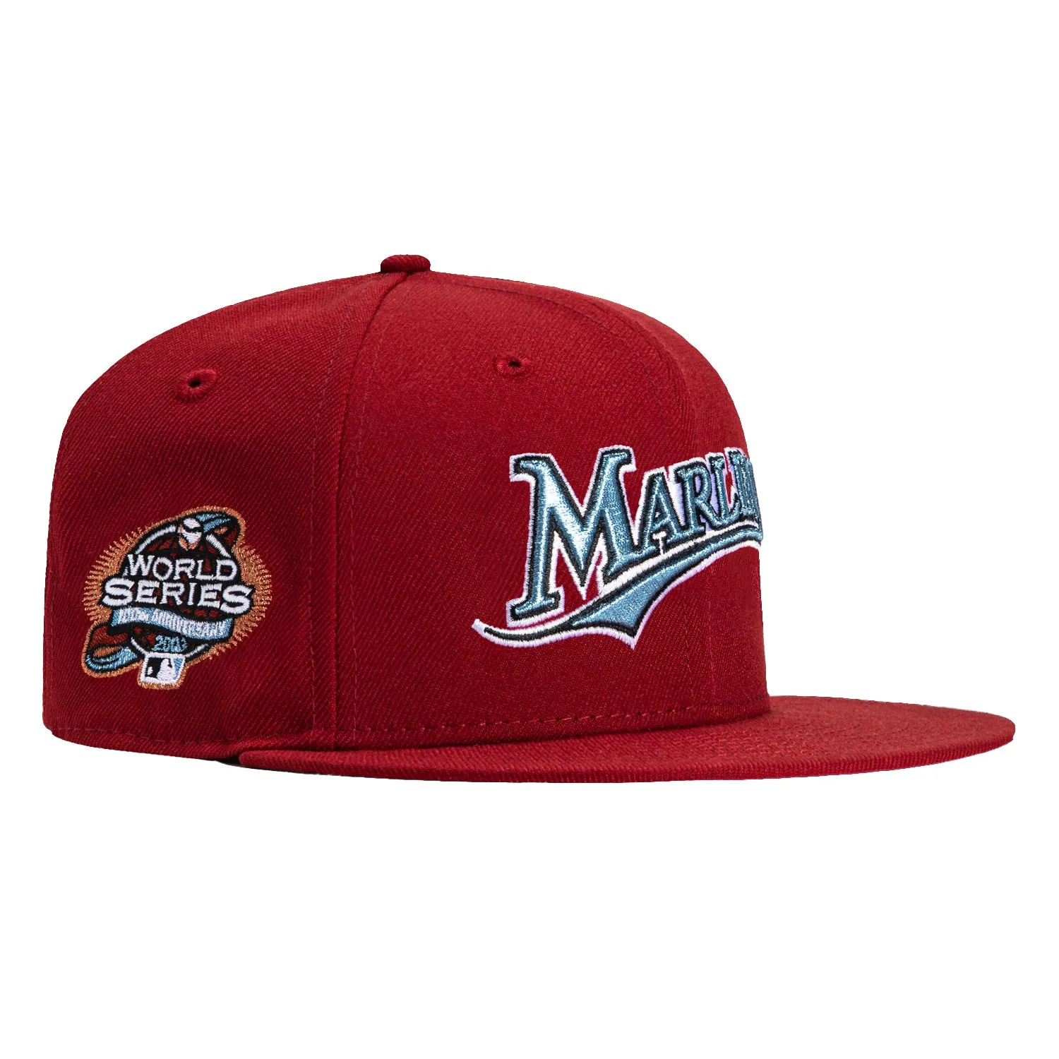 New Era 59Fifty Miami Marlins 2003 World Series Patch Word Hat - Brick. Light Blue