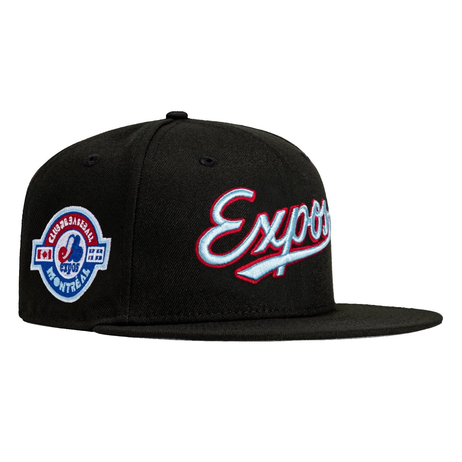 New Era 59Fifty Montreal Expos Club Patch Script Hat - Black. Light Blue. Red