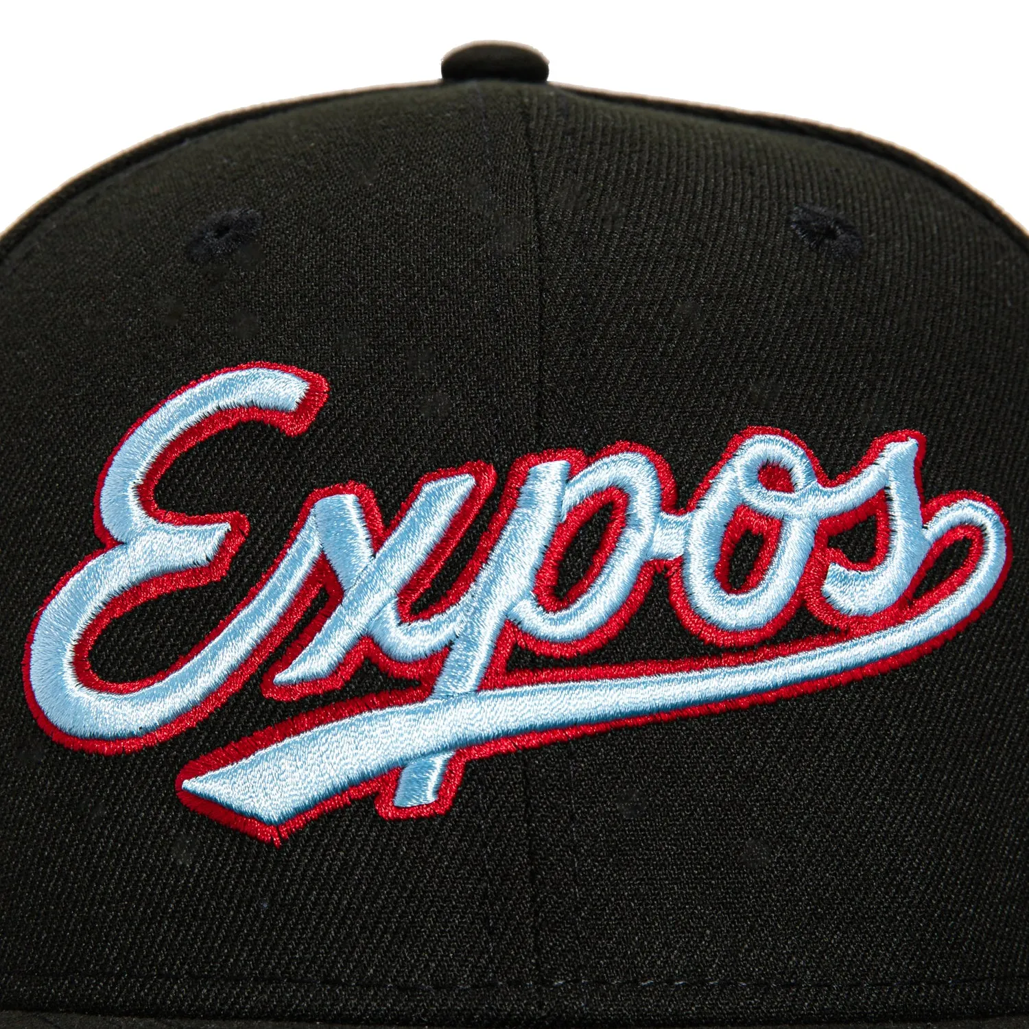 New Era 59Fifty Montreal Expos Club Patch Script Hat - Black. Light Blue. Red
